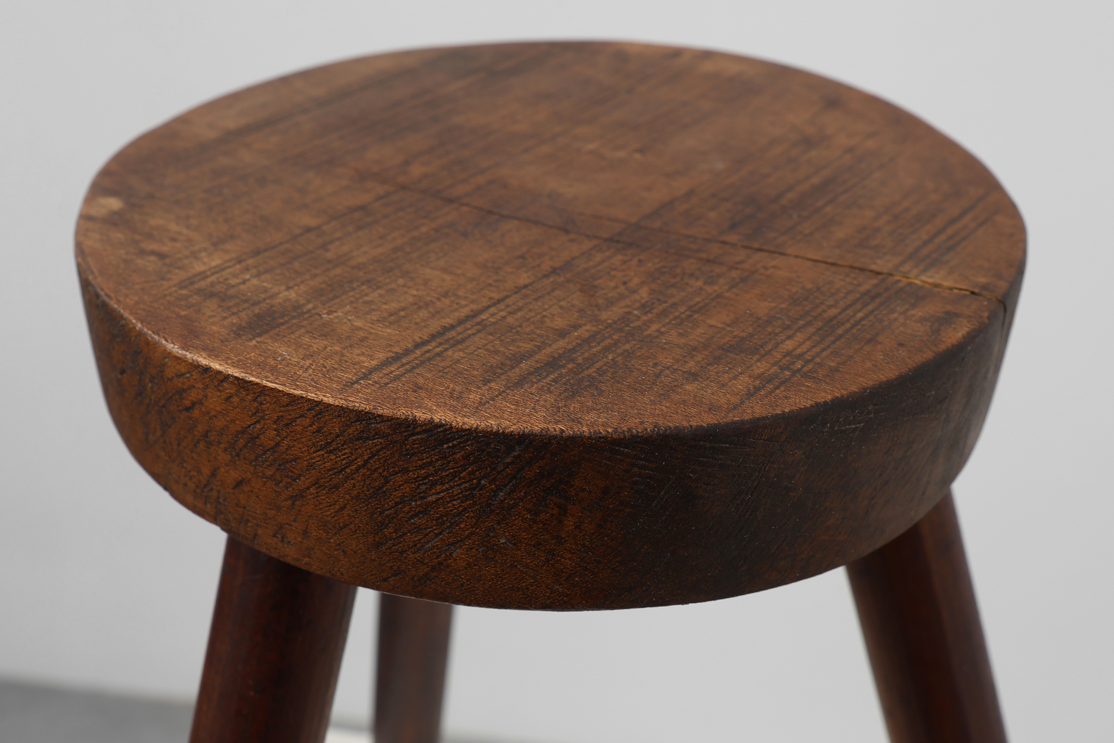 Rustic oak wooden tripod stool, France, ca. 1900thumbnail